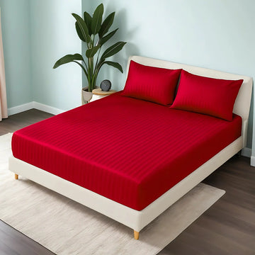 RED MEROON stripe satin fitted bedsheet - (premium)