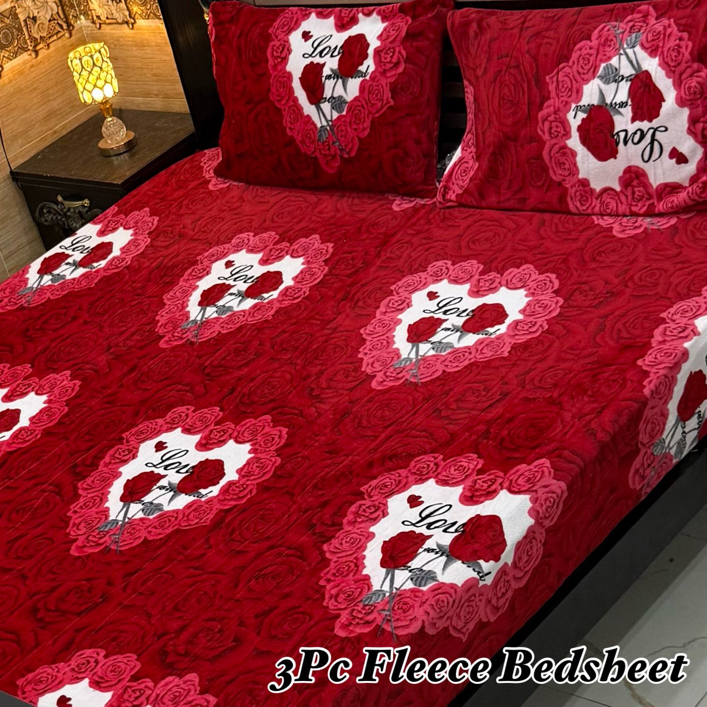 3PCS FLEES BEDSHEET (red heart)