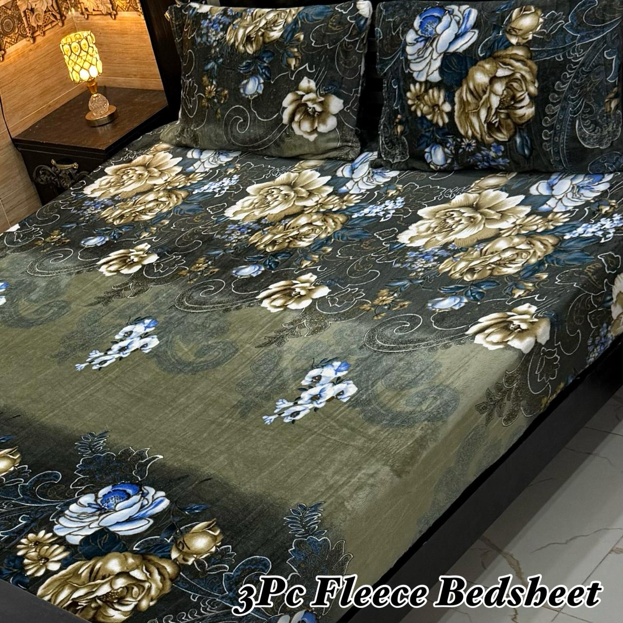 3PCS FLEES BEDSHEET (green flowers )
