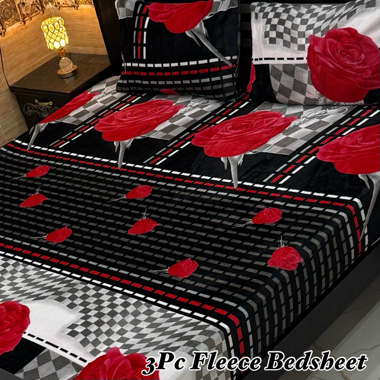 3PCS FLEES BEDSHEET (red flowers)
