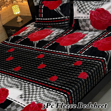 3PCS FLEES BEDSHEET (red flowers)