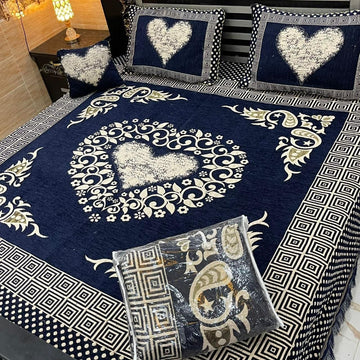4Pc Velvet Jaquard Bedsheet |King Size | Velvet Jaquard Blue Heart