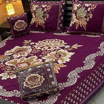 4Pc Velvet Jaquard Bedsheet |King Size | Velvet Jaquard Purple Motif