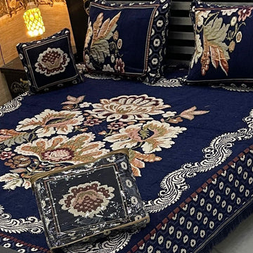 4Pc Velvet Jaquard Bedsheet |King Size | Velvet Jaquard Blue Motif