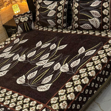 4Pc Velvet Jaquard Bedsheet |King Size | Velvet Jaquard Brown Leaf