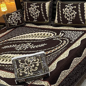 4Pc Velvet Jaquard Bedsheet |King Size | Velvet Jaquard Brown Big Leaf