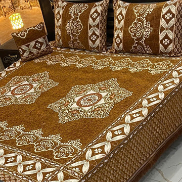 4Pc Velvet Jaquard Bedsheet |King Size | Velvet Jaquard Mustard 2 star