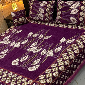 4Pc Velvet Jaquard Bedsheet |King Size | Velvet Jaquard purple leaf