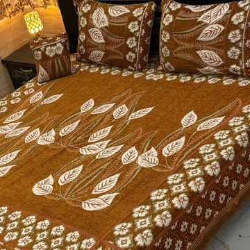 4Pc Velvet Jaquard Bedsheet |King Size | Velvet Jaquard Mustard leaf