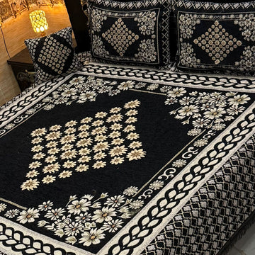 4Pc Velvet Jaquard Bedsheet |King Size | Velvet Jaquard|Black Centre star Motif
