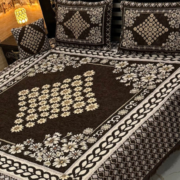 4Pc Velvet Jaquard Bedsheet |King Size | Velvet Jaquard|Brown Centre star Motif